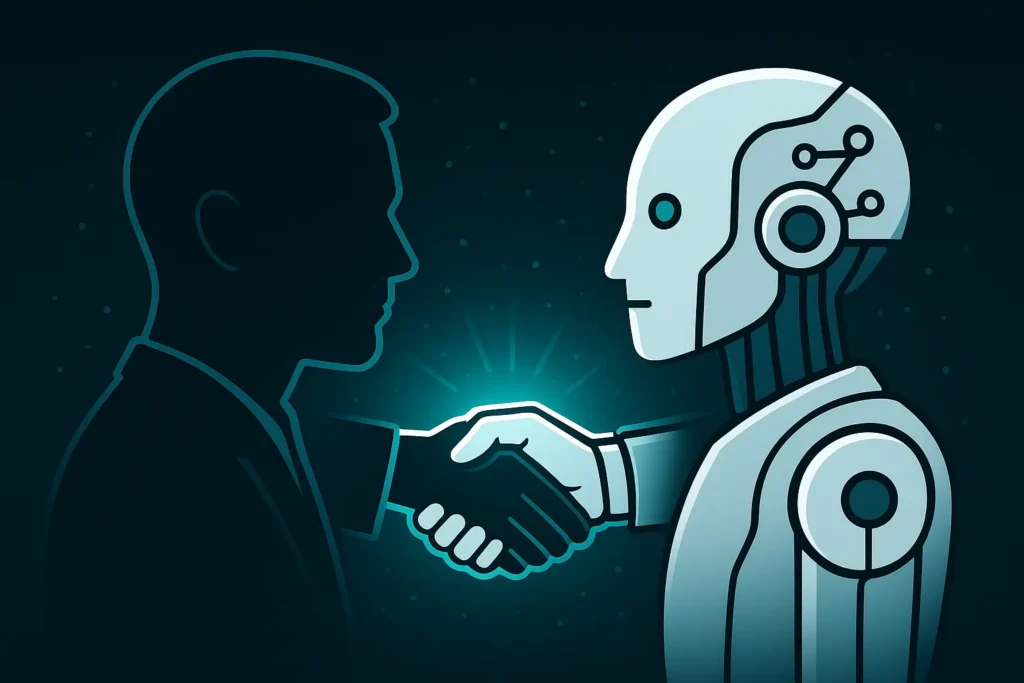 A human shaking hands with a robot, symbolizing the partnership between artificial intelligence and human strategy in the future of digital marketing.